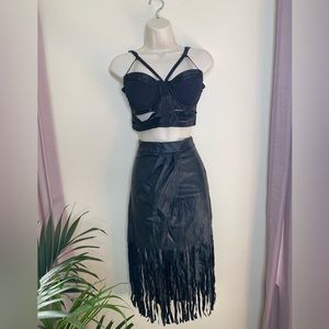 Black leather fringe skirt